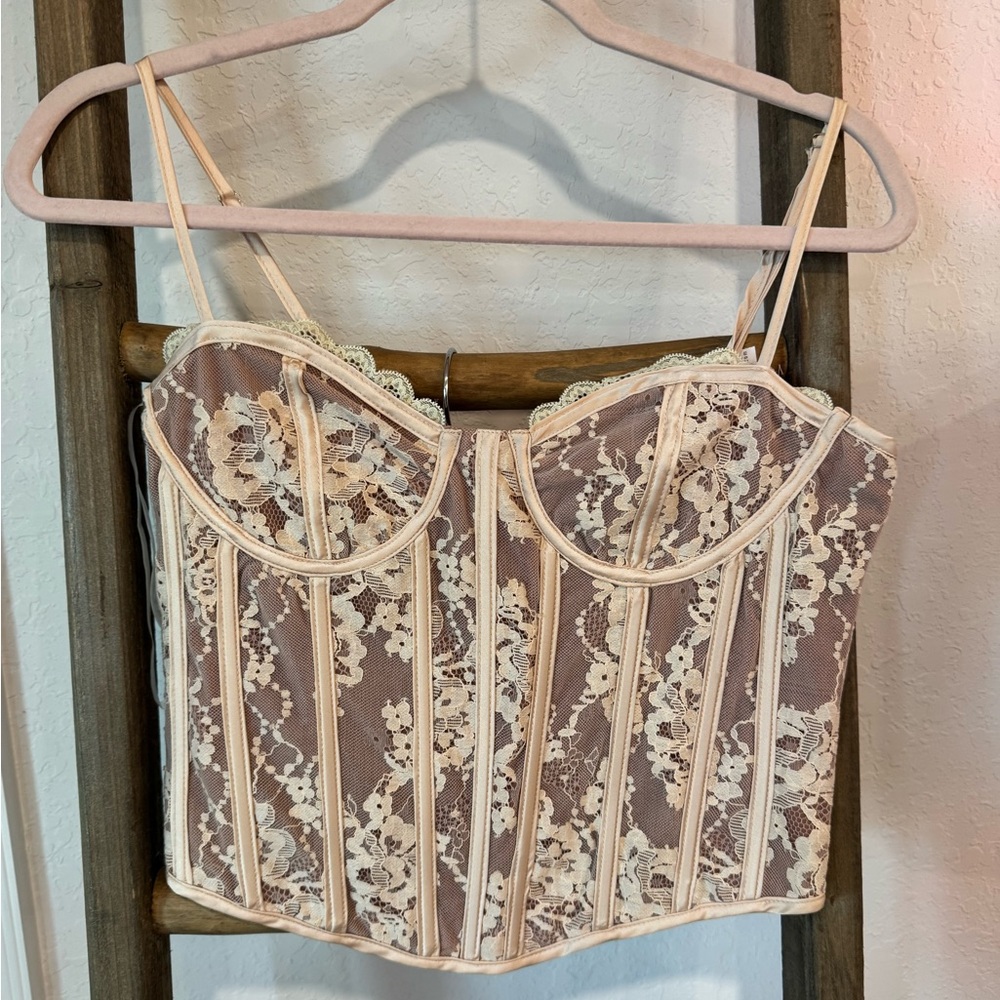 Lace Boned Bustier Tank Top - Cream Over Blush